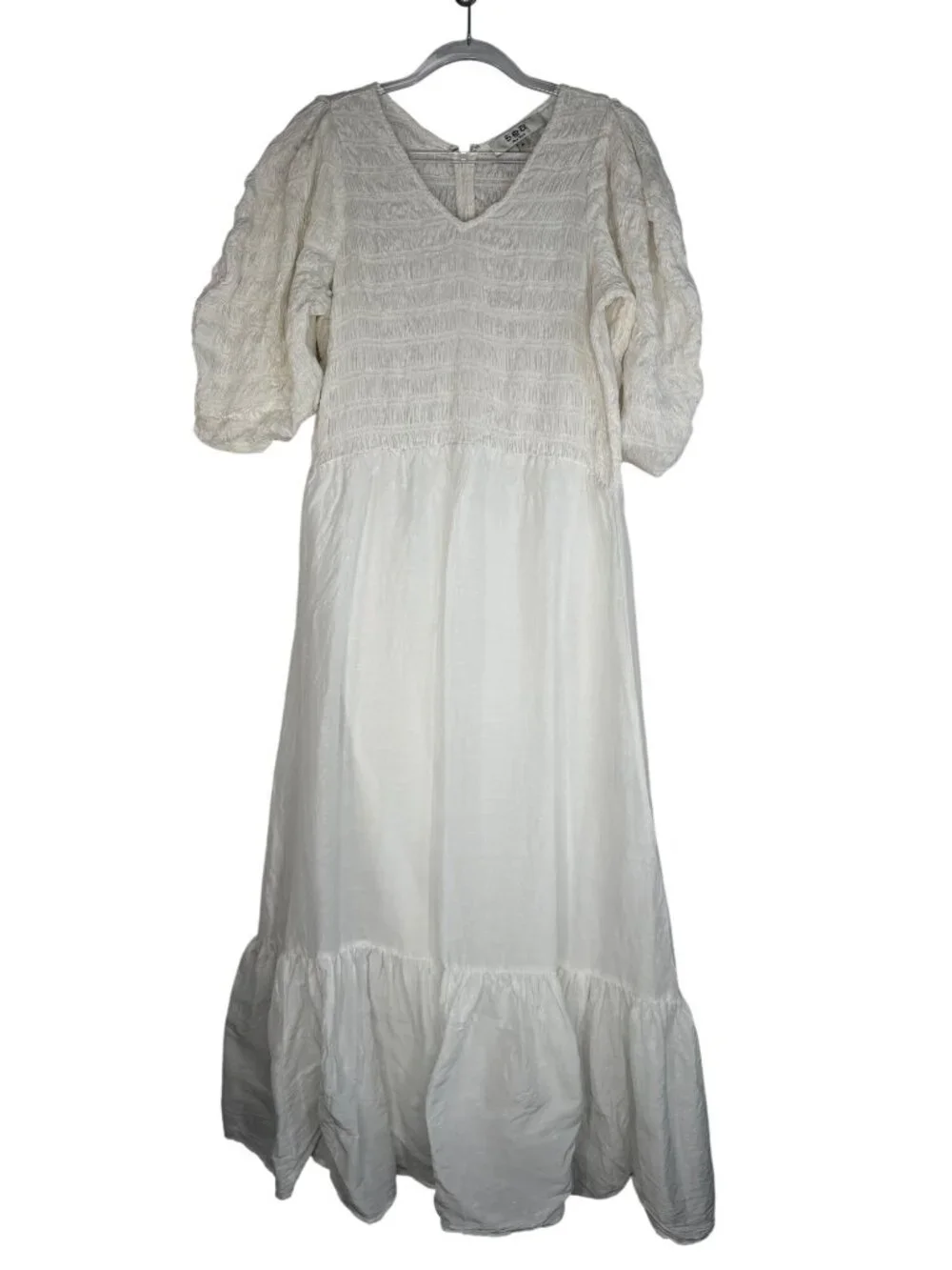 Sea New York Smocked Tiered Maxi Dress Puff Sleeves Linen Blend White Sz Medium